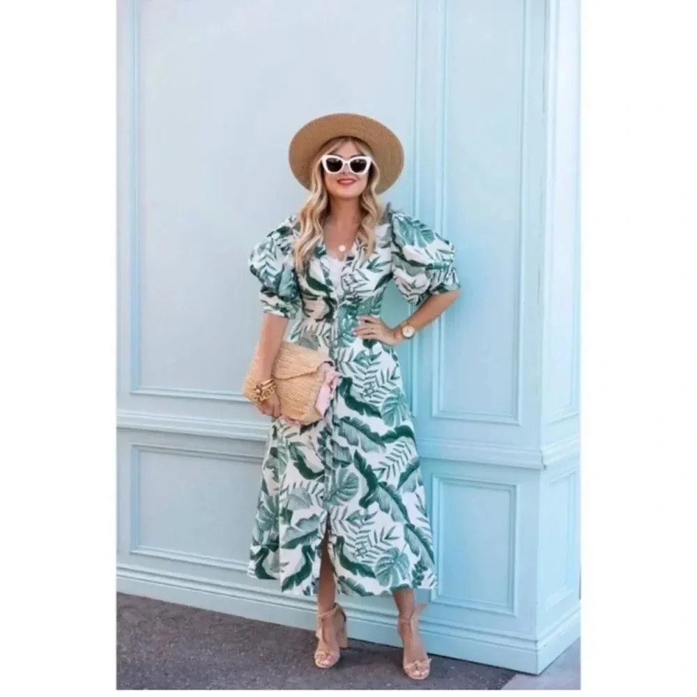 H&M x Johanna Ortiz Green White Linen Leaf Dress - Picture 2 of 11